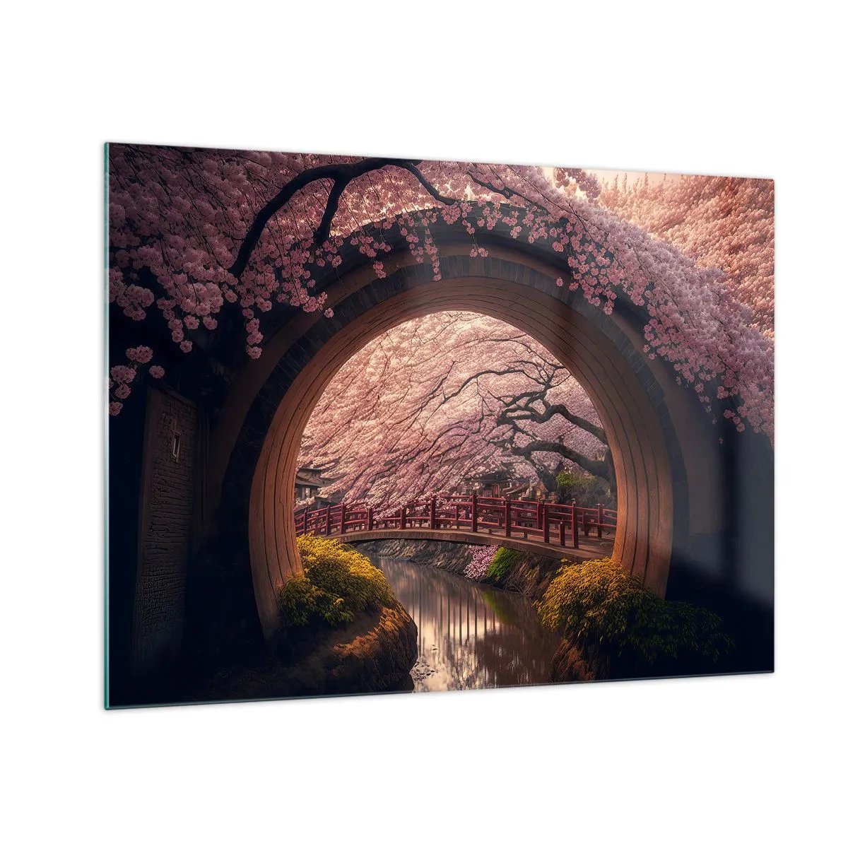 Glastavla - Bild på glas - Körsbärsblommor och en japansk bro sedd genom den runda porten - 70x50cm - Japansk vår - Modern väggdekoration för vardagsrum och sovrum ARTTOR