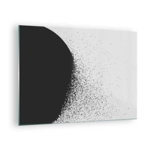 Glastavla - Bild på glas - Abstraktion av en svart massa som faller isär mot en vit bakgrund - 70x50cm - Partiklarnas rörelse - Modern väggdekoration för vardagsrum och sovrum ARTTOR