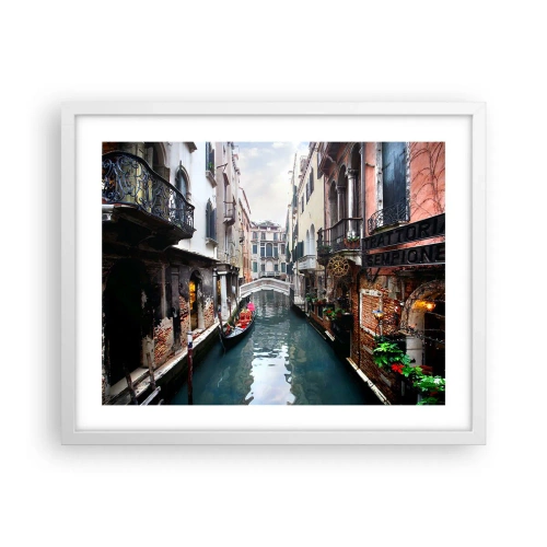 Affisch i vit ram - Venedig-landskap med gondol och bro - 50x40 cm