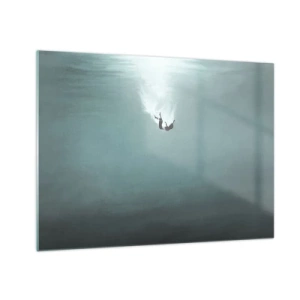 Glastavla - Bild på glas - Silhuetten av en man nedsänkt i havets blå djup - 70x50cm - I havets famn - Modern väggdekoration för vardagsrum och sovrum ARTTOR