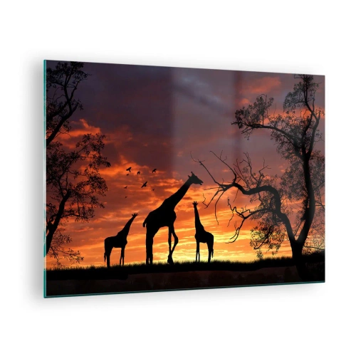 Glastavla - Bild på glas - Silhuetter av giraffer mot bakgrund av en solnedgång i ett afrikanskt landskap - 70x50cm - Liten middag med de närmaste - Modern väggdekoration för vardagsrum och sovrum ARTTOR