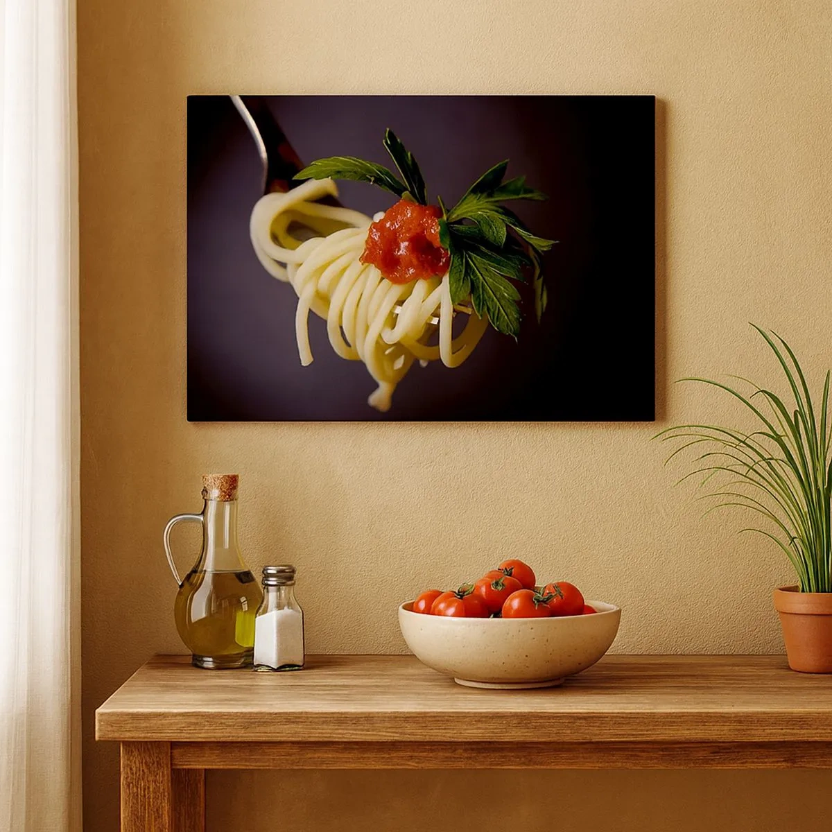 Canvastavla - Bild på duk - Spaghetti på en gaffel med tomatsås och persilja - 70x50cm - Gobit - Modern väggdekoration för vardagsrum och sovrum ARTTOR
