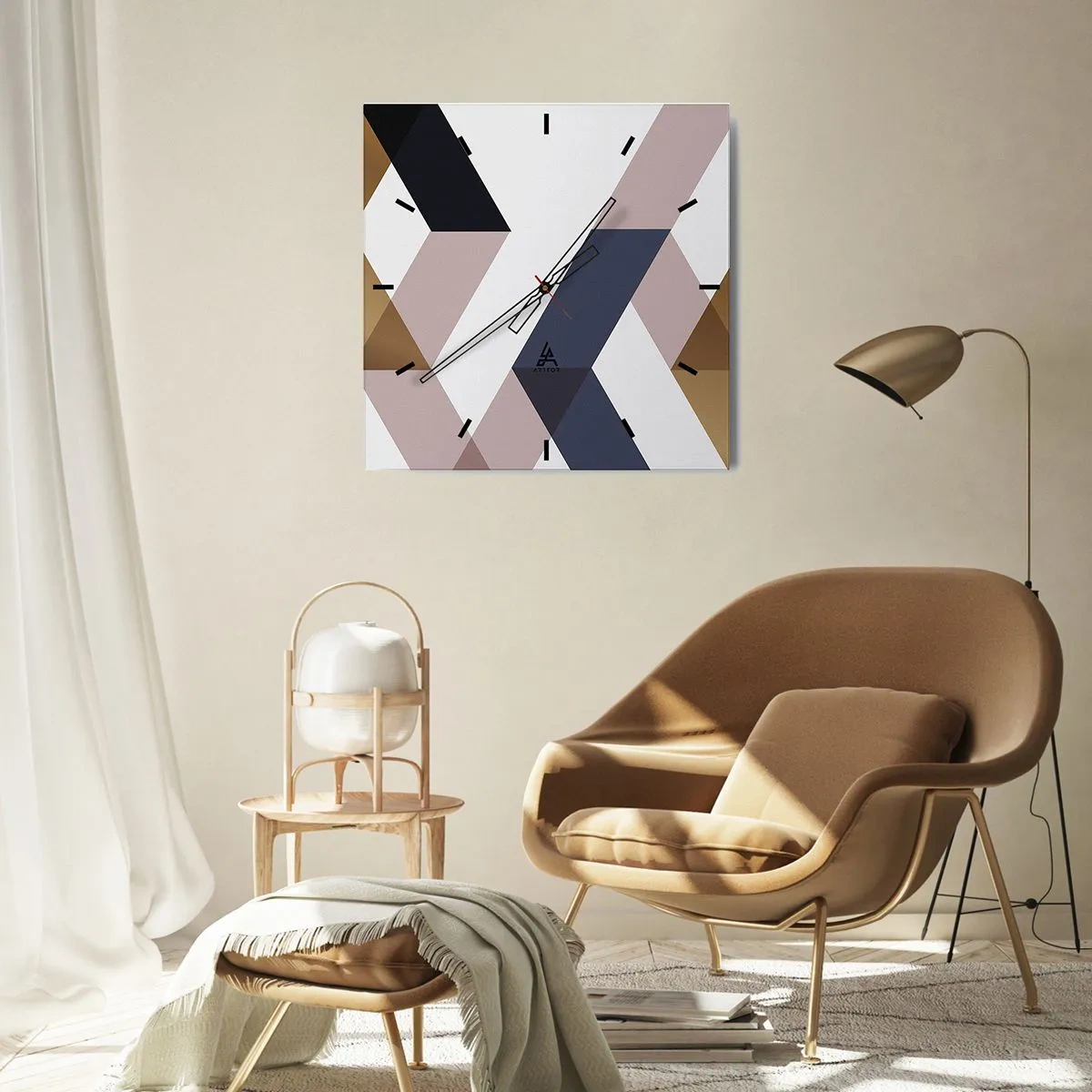 Väggklocka - Klocka på glas - Plan och vinklar - 40x40 cm