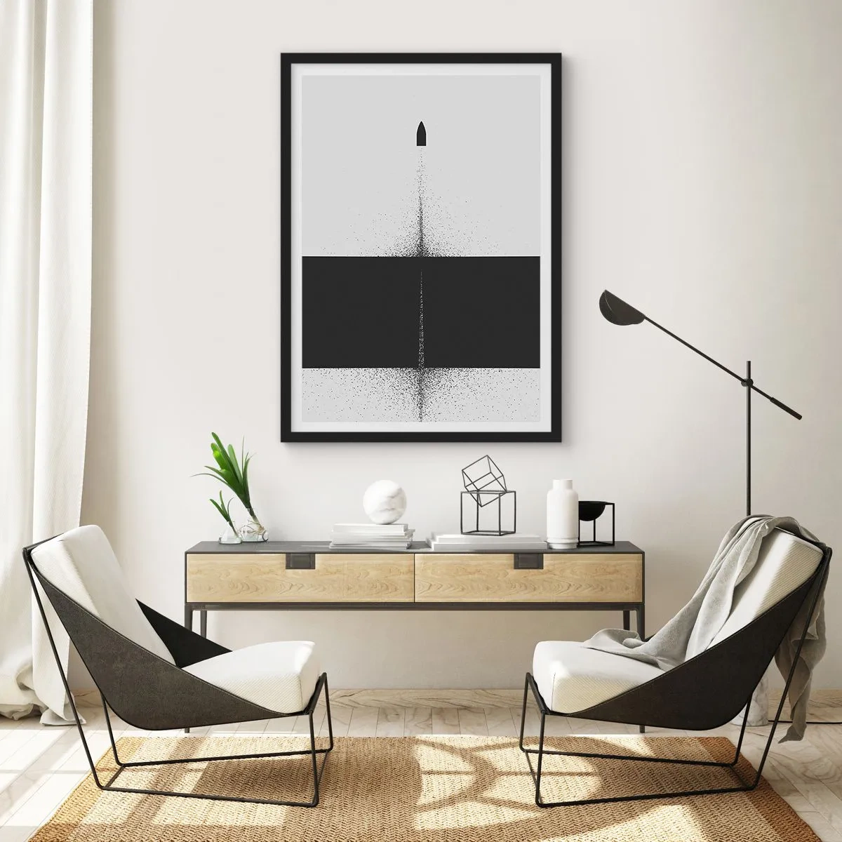 Affisch i svart ram - Minimalistisk abstraktion med en raket på en delad bakgrund - 50x70cm - Rakt mot målet - Modern väggdekoration för vardagsrum och sovrum ARTTOR