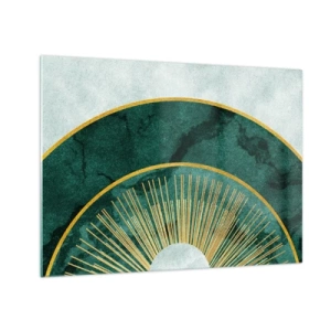 Glastavla - Bild på glas - Gyllene strålar mot en bakgrund av gröna halvcirklar med en marmorstruktur - 70x50cm - Ett annorlunda solsystem - Modern väggdekoration för vardagsrum och sovrum ARTTOR