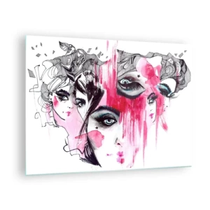 Glastavla - Bild på glas - Abstrakta kvinnliga ansikten med rosa accenter i skissstil. - 70x50cm - Abstrakta ögon - Modern väggdekoration för vardagsrum och sovrum ARTTOR