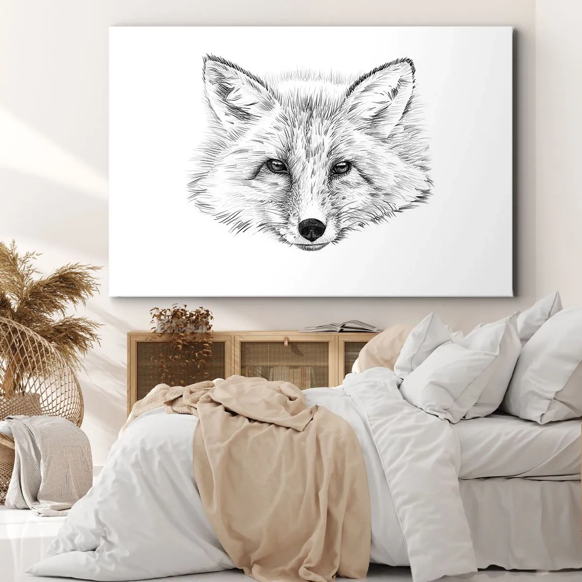 Canvastavla - Bild på duk - Svartvit teckning av ett rävhuvud på vit bakgrund - 70x50cm - Kan dessa ögon ljuga? - Modern väggdekoration för vardagsrum och sovrum ARTTOR