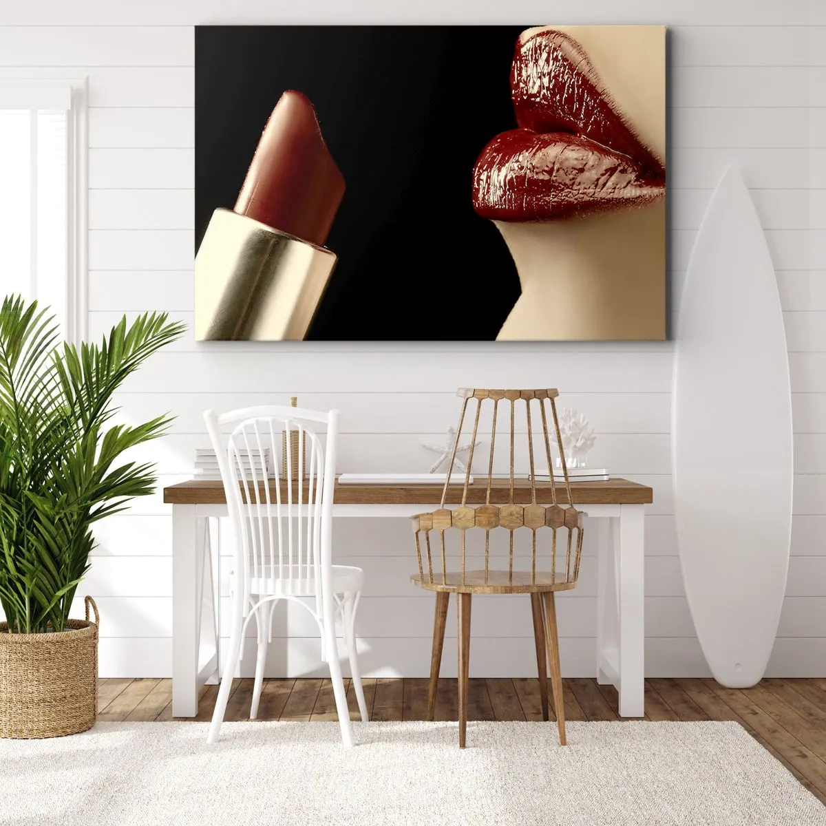 Canvastavla - Bild på duk - Röda läppar och läppstift på svart bakgrund - 70x50cm - Karminets sensualitet och glans - Modern väggdekoration för vardagsrum och sovrum ARTTOR