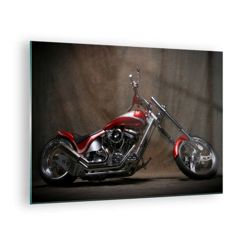 Glastavla - Bild på glas - Röd specialbyggd motorcykel på en mörk bakgrund - 70x50cm - Röd-silver skönhet - Modern väggdekoration för vardagsrum och sovrum ARTTOR