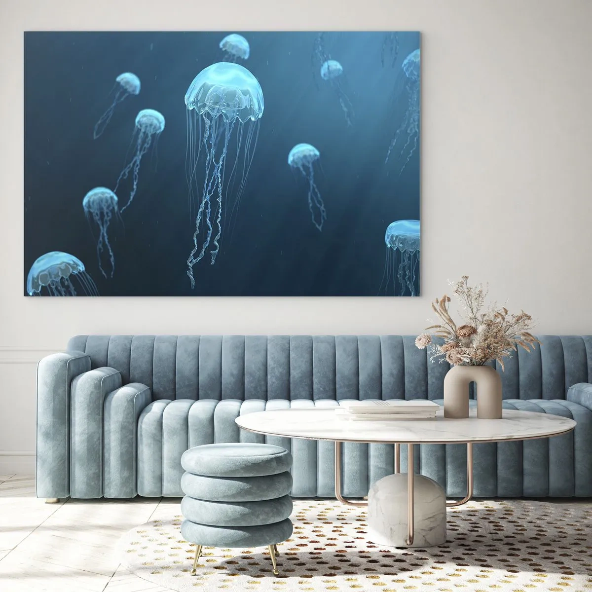 Glastavla - Bild på glas - Maneter som flyter i det djupblå havet - 70x50cm - Havets dans - Modern väggdekoration för vardagsrum och sovrum ARTTOR