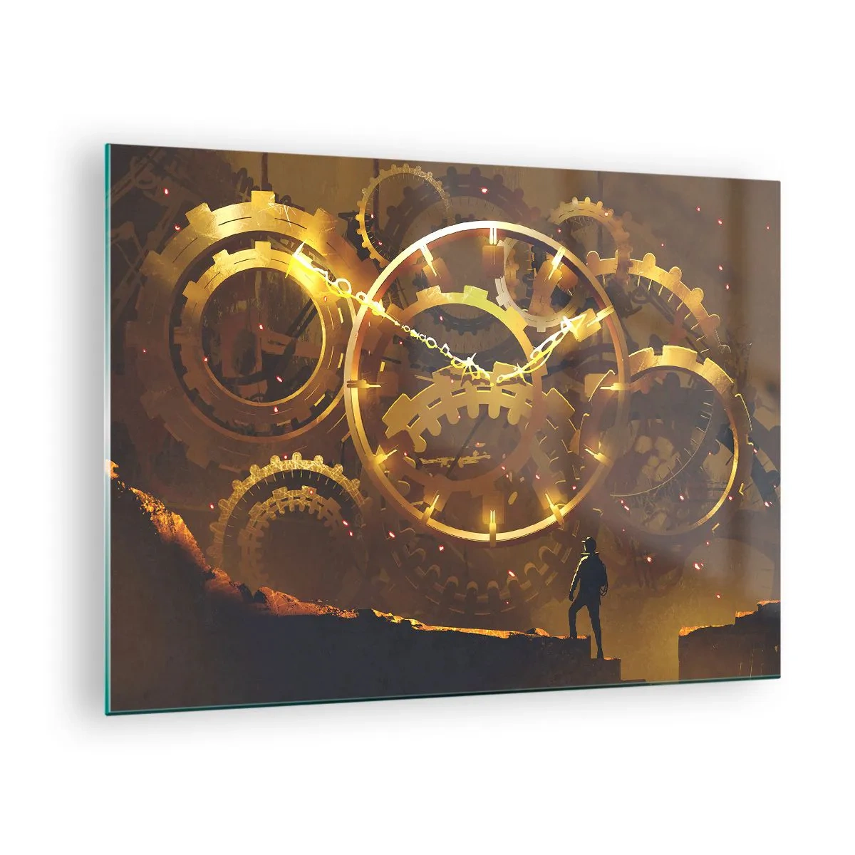 Glastavla - Bild på glas - Gyllene steampunk-kugghjul med bakgrundsbelysning mot en mänsklig siluett - 70x50cm - Hos tidens källor - Modern väggdekoration för vardagsrum och sovrum ARTTOR