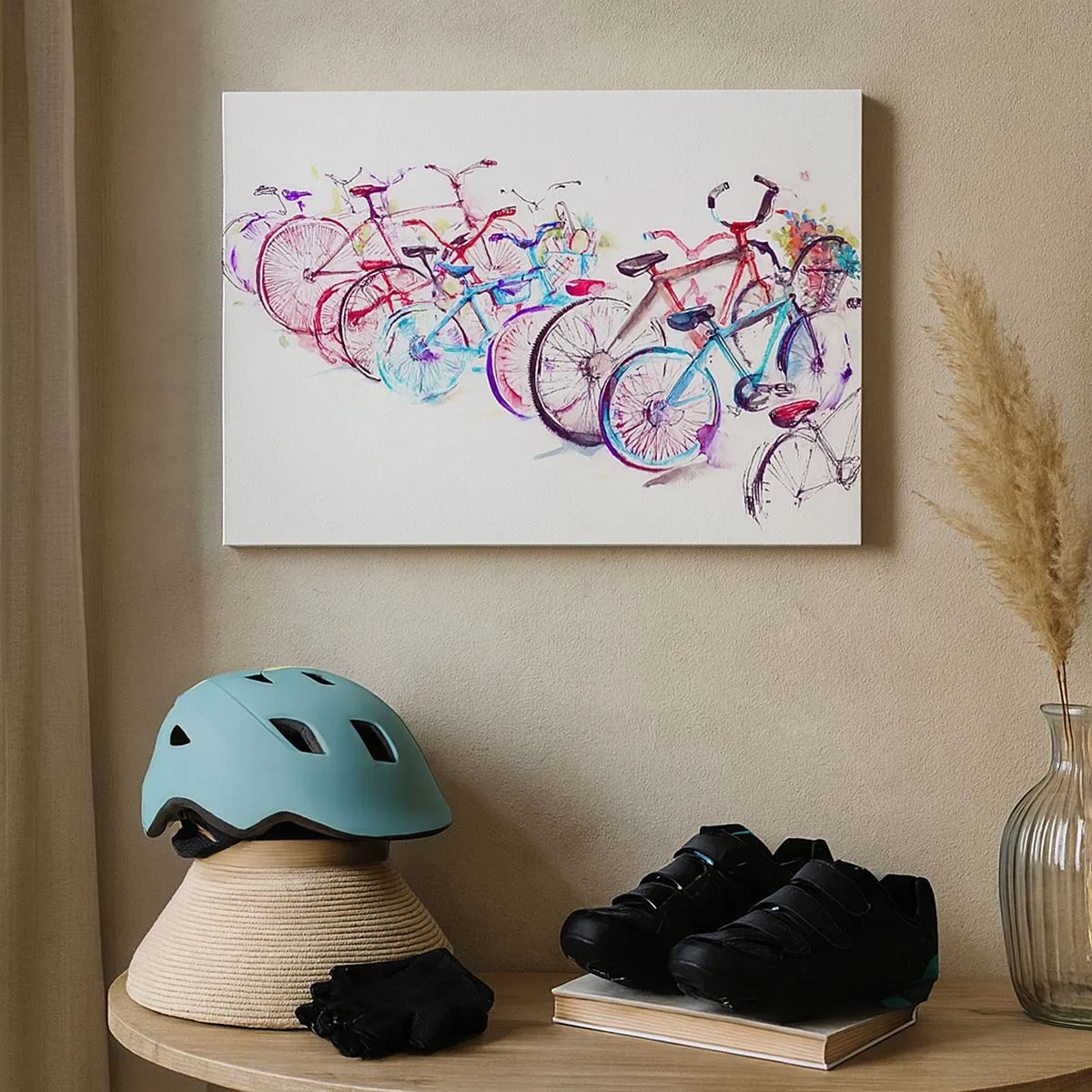 Canvastavla - Bild på duk - Färgglada cyklar i konstnärlig akvarellstil - 70x50cm - Antimotoklubbens träff - Modern väggdekoration för vardagsrum och sovrum ARTTOR