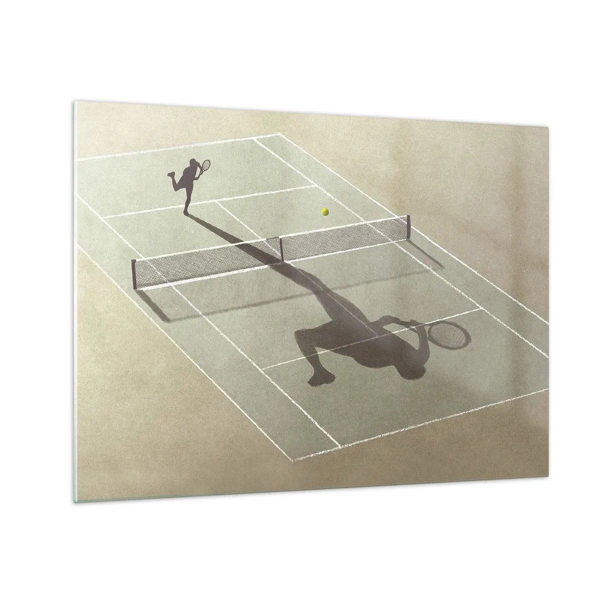 Glastavla - Bild på glas - Figuren av en tennisspelare och hans skugga på banan under en serve - 70x50cm - Övervinna sig själv - Modern väggdekoration för vardagsrum och sovrum ARTTOR