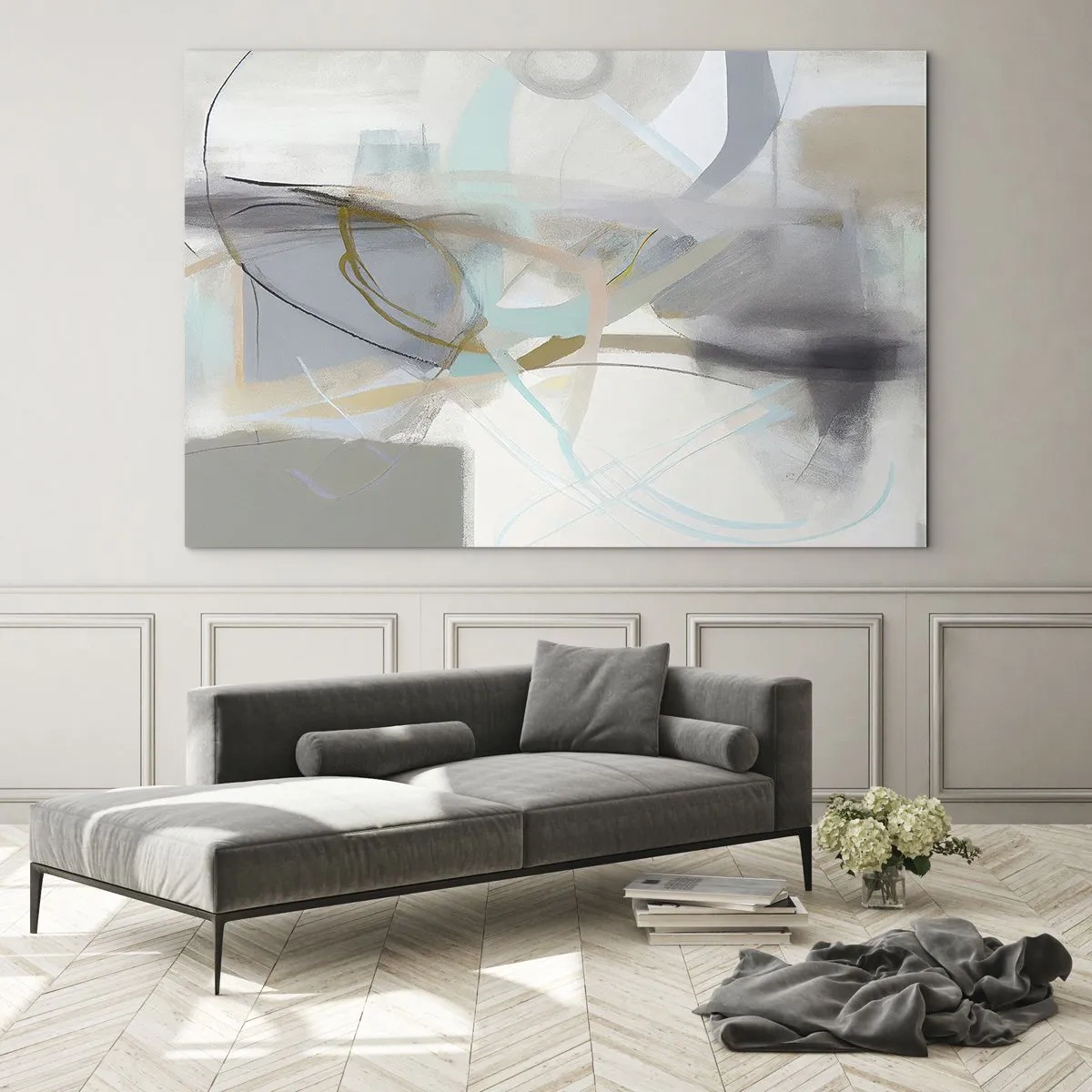 Glastavla - Bild på glas - En disig abstraktion med pastell- och grafitaccenter. - 70x50cm - Dimmig abstraktion - Modern väggdekoration för vardagsrum och sovrum ARTTOR