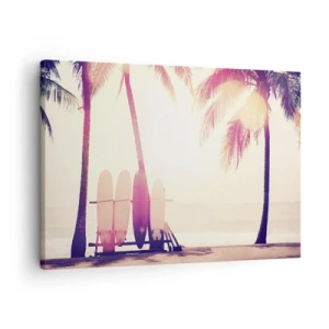 Canvastavla - Bild på duk - Palmer och surfbrädor på stranden i solskenet - 70x50cm - Det blir en underbar dag - Modern väggdekoration för vardagsrum och sovrum ARTTOR