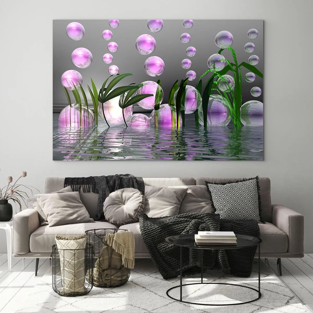 Glastavla - Bild på glas - Lila bubblor som flyter ovanför vatten med växter - 70x50cm - Tankeväckande komposition av lätthet och liv - Modern väggdekoration för vardagsrum och sovrum ARTTOR