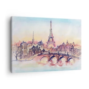 Canvastavla - Bild på duk - Akvarellpanorama över Paris med Eiffeltornet i solnedgången - 70x50cm - Den enda staden av denna art i världen - Modern väggdekoration för vardagsrum och sovrum ARTTOR