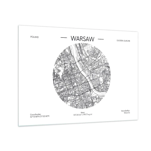 Glastavla - Bild på glas - Karta över Warszawa i form av en grafisk illustration - 70x50cm - Warszawas anatomi - Modern väggdekoration för vardagsrum och sovrum ARTTOR