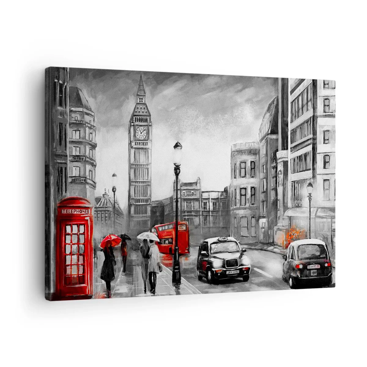 Canvastavla - Bild på duk - En Londonscen i svartvitt med röda accenter - 70x50cm - Inte alls en grå stad - Modern väggdekoration för vardagsrum och sovrum ARTTOR