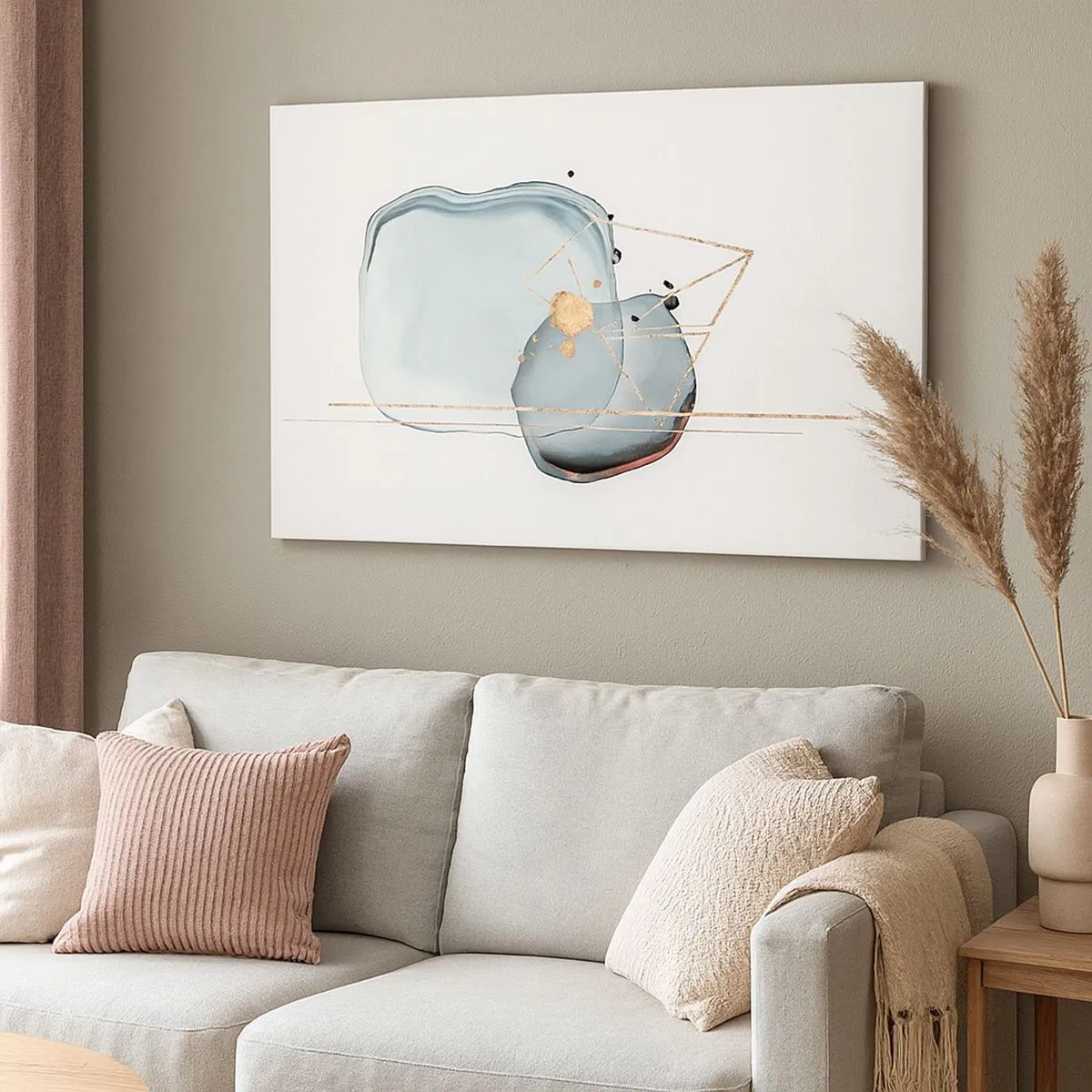 Canvastavla - Bild på duk - Abstrakta former i nyanser av blått och guld på vit bakgrund - 70x50cm - En studie av droppar - Modern väggdekoration för vardagsrum och sovrum ARTTOR