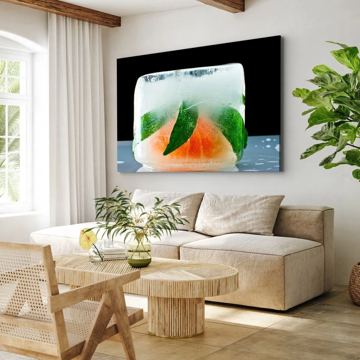 Canvastavla - Bild på duk - Isbit med apelsin och blad - 70x50cm - Fräschhet och svalka - Modern väggdekoration för vardagsrum och sovrum ARTTOR