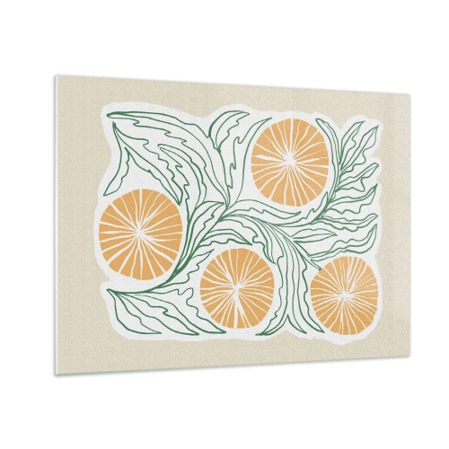 Glastavla - Bild på glas - Orange frukter och gröna blad i en grafisk komposition - 70x50cm - Etniskt med en touch av abstraktion - Modern väggdekoration för vardagsrum och sovrum ARTTOR