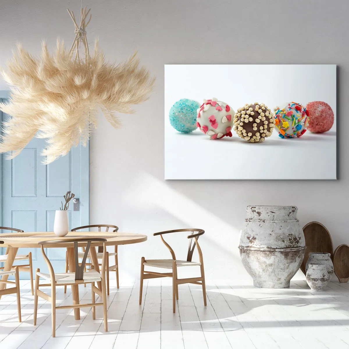 Canvastavla - Bild på duk - Färgglada praliner med dekorationer på vit bakgrund - 70x50cm - Livet kan vara sött - Modern väggdekoration för vardagsrum och sovrum ARTTOR