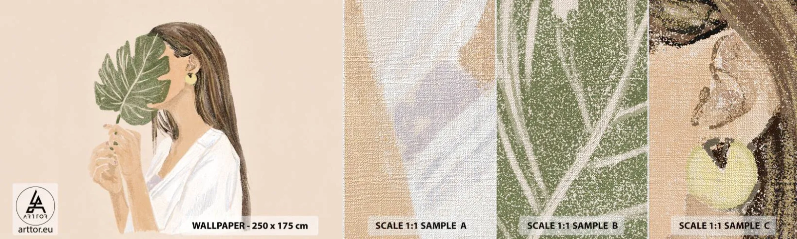 Provbit av fototapet Premium Canvas - Mystiskt porträtt med solfjäder - Blad, Kvinna, Boho - 100x30 cm