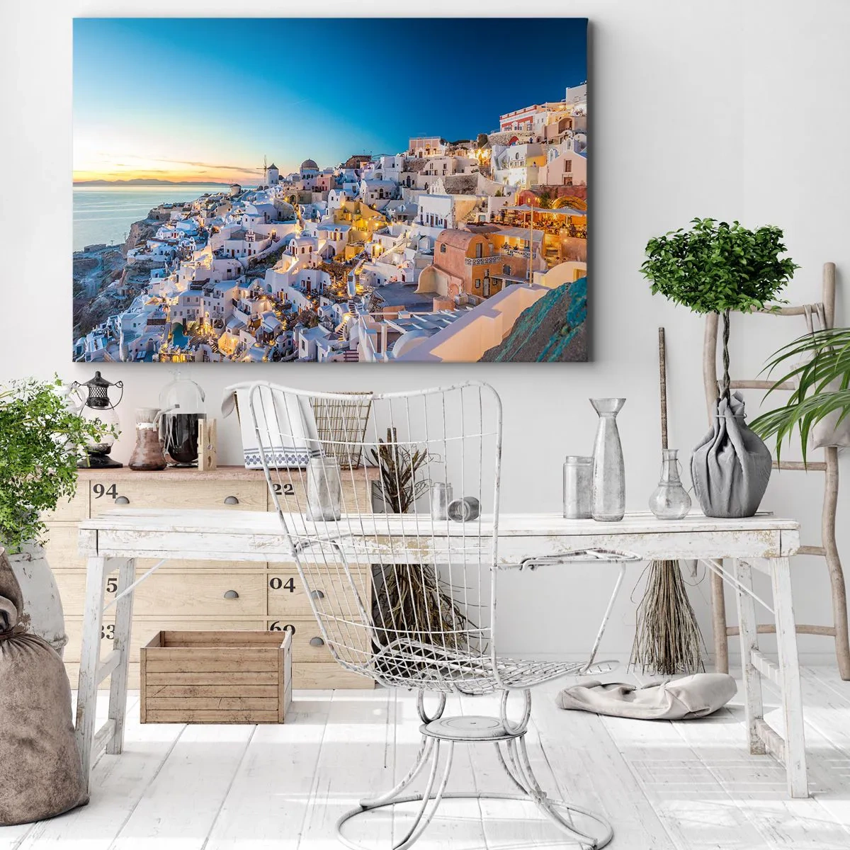 Canvastavla - Bild på duk - Utsikt över en grekisk stad vid solnedgången - 70x50cm - Grekhetens essäns - Modern väggdekoration för vardagsrum och sovrum ARTTOR