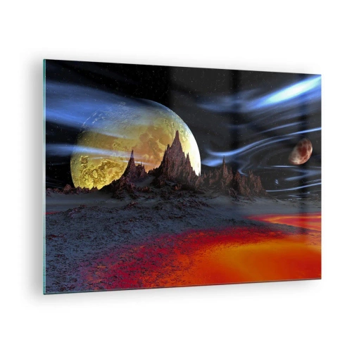Glastavla - Bild på glas - Främmande landskap med en planet och en färgglad himmel - 70x50cm - Okänd värld - Modern väggdekoration för vardagsrum och sovrum ARTTOR