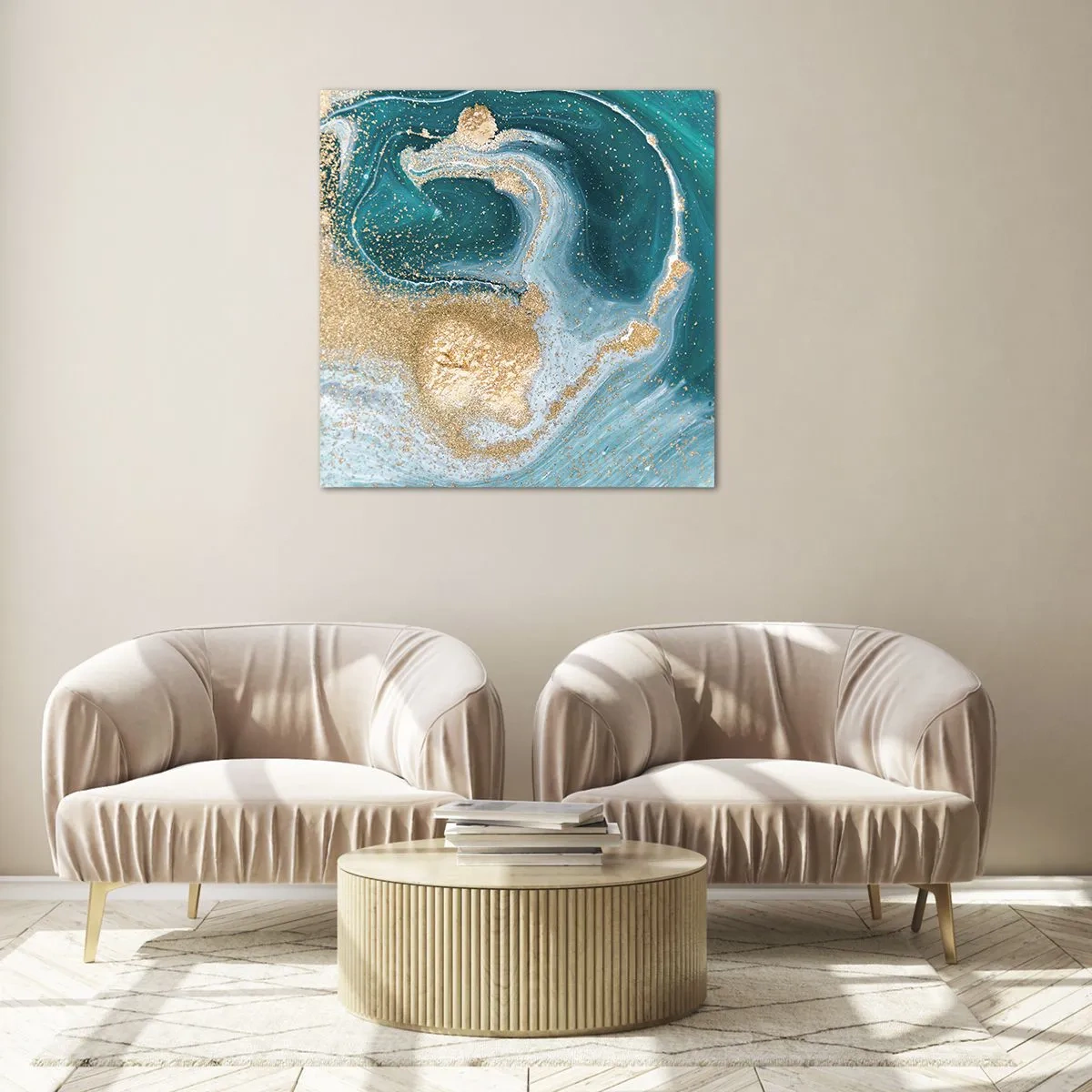 Glastavla - Bild på glas - Guld- och turkosvirvel - 70x70 cm