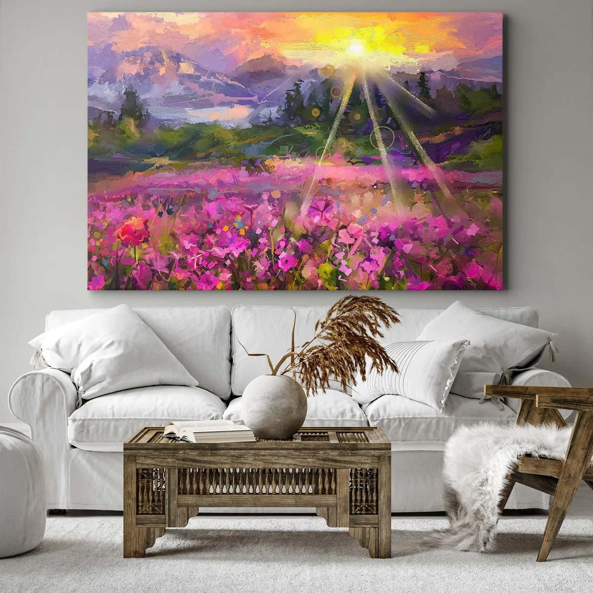 Canvastavla - Bild på duk - En pittoresk äng i den nedgående solens strålar - 70x50cm - I dalen under solens beskydd - Modern väggdekoration för vardagsrum och sovrum ARTTOR
