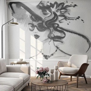 Självhäftande Fototapet Deluxe Sticker - Dam med karaktär - Kvinna I En Hatt, Kvinnans ansikte, Svartvitt - 250x175 cm