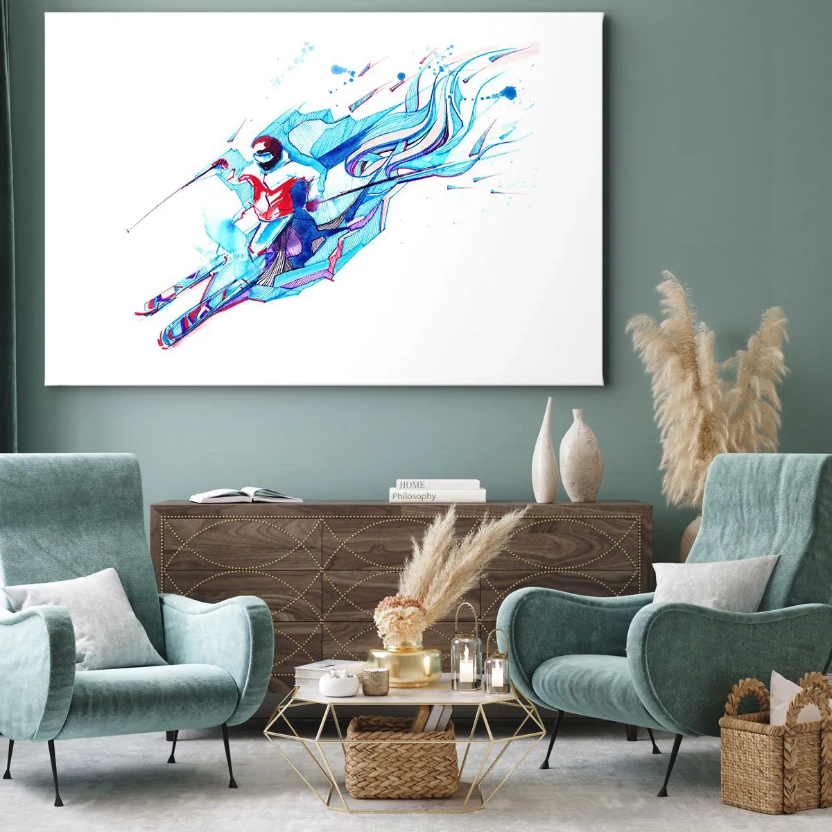 Canvastavla - Bild på duk - Abstrakt ryttare i dynamiska färger - 70x50cm - Galet slalomlopp mot glädjen - Modern väggdekoration för vardagsrum och sovrum ARTTOR