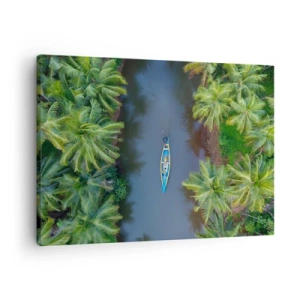 Canvastavla - Bild på duk - En fågelperspektiv av en båt på en flod omgiven av palmer - 70x50cm - På en tropisk stig - Modern väggdekoration för vardagsrum och sovrum ARTTOR