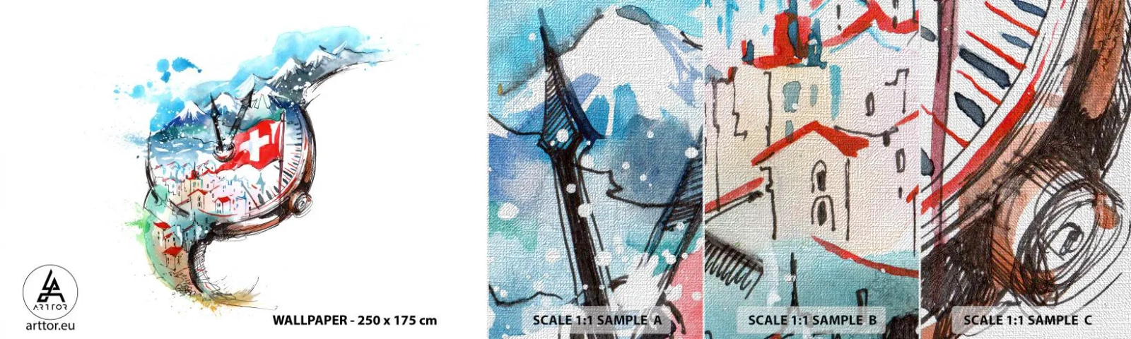 Provbit av fototapet Premium Canvas - Schweiz anda - Abstraktion, schweizisk klocka, Alperna - 100x30 cm