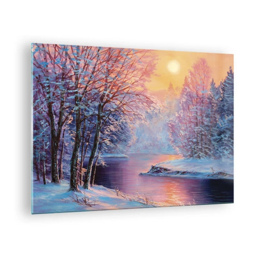 Glastavla - Bild på glas - Vinterlandskap med en flod och en solnedgång - 70x50cm - Vinterns färger - Modern väggdekoration för vardagsrum och sovrum ARTTOR