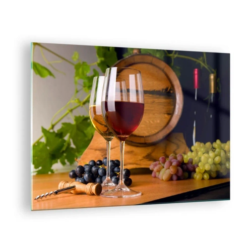 Glastavla - Bild på glas - Glas vin, druvor och ett fat mot en bakgrund av vinblad - 70x50cm - Som hos gamla mästare - Modern väggdekoration för vardagsrum och sovrum ARTTOR