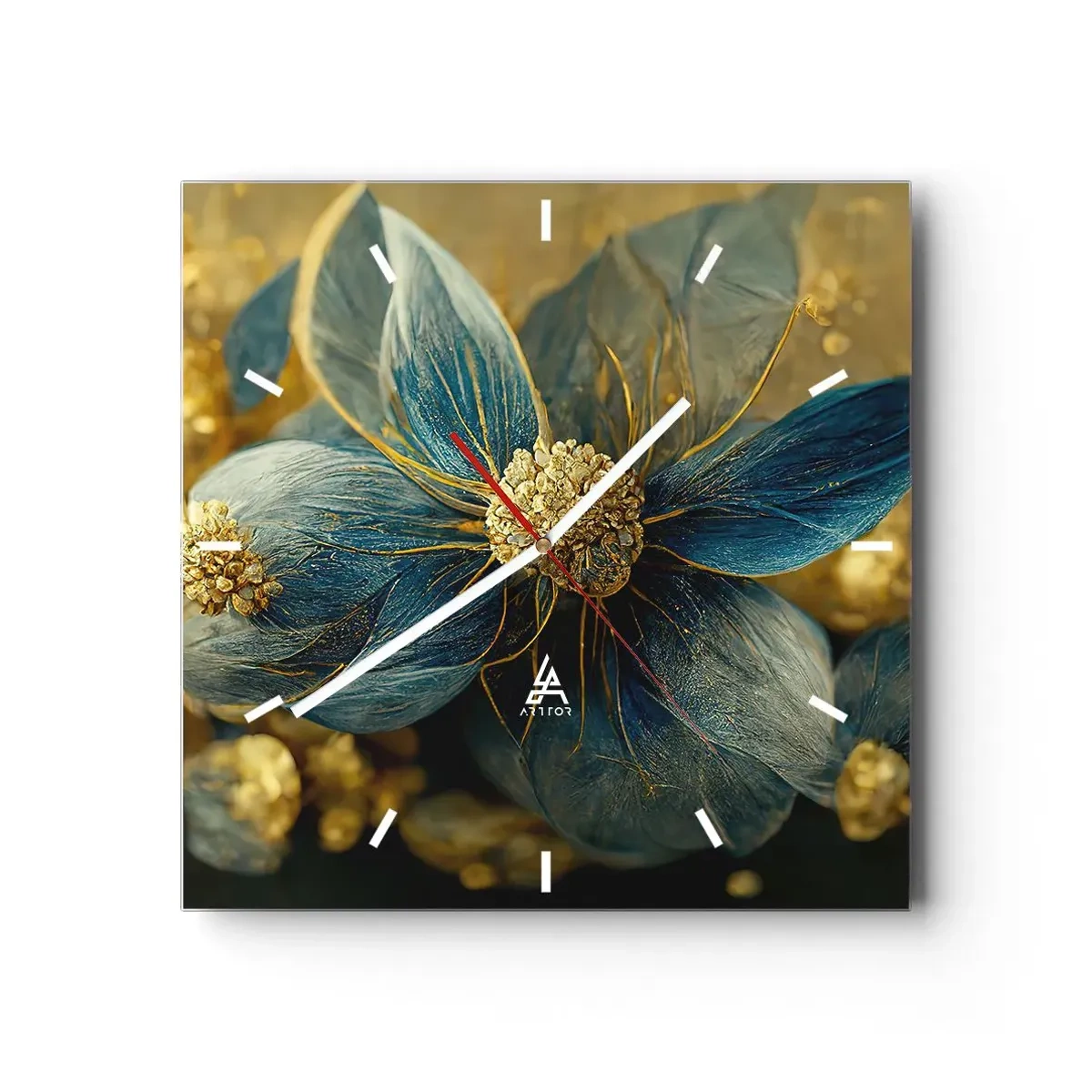 Väggklocka - Klocka på glas - Blommande av guld - 40x40 cm