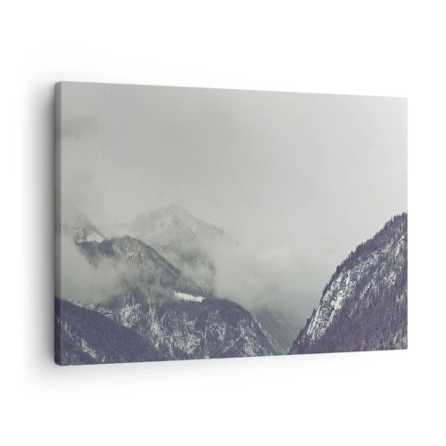 Canvastavla - Bild på duk - En bergsdal höljd i dimma i grå nyanser - 70x50cm - Dimmig dal - Modern väggdekoration för vardagsrum och sovrum ARTTOR