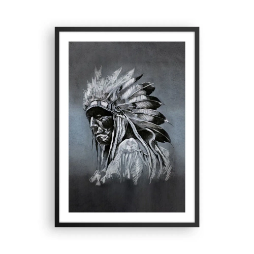 Affisch i svart ram - Porträtt av en indianhövding i en fjäderhuvudbonad mot en grå bakgrund - 50x70cm - Tillbaka till rötterna - Modern väggdekoration för vardagsrum och sovrum ARTTOR