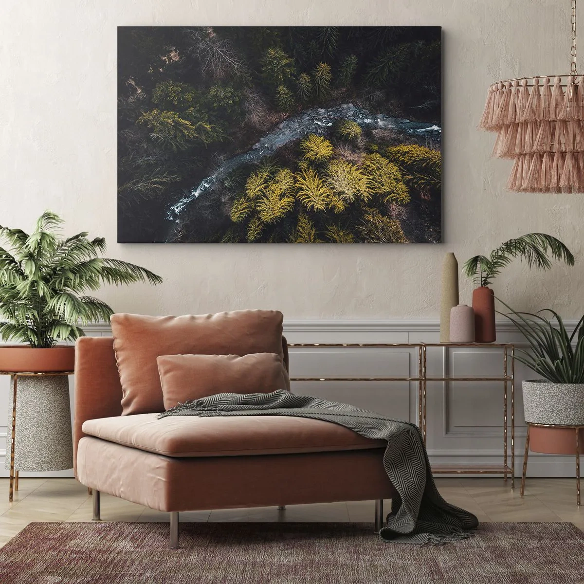 Canvastavla - Bild på duk - En vy ovanifrån av en skog med en slingrande flod - 70x50cm - Snabbt, allt snabbare - Modern väggdekoration för vardagsrum och sovrum ARTTOR