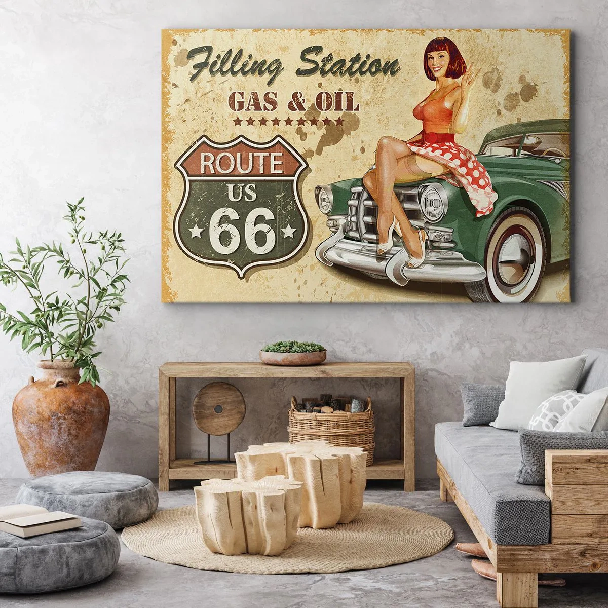 Canvastavla - Bild på duk - Retro Route 66-affisch med pinuppa och bil - 70x50cm - Underbara 40-talet - Modern väggdekoration för vardagsrum och sovrum ARTTOR