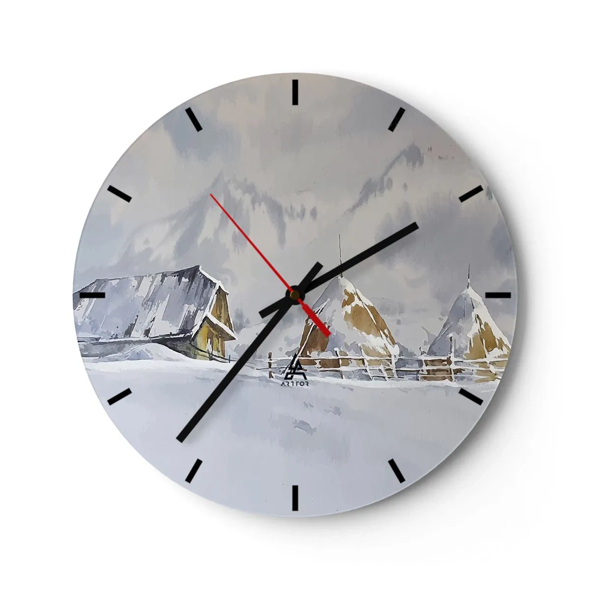 Väggklocka - Klocka på glas - Vinterlandskap med en stuga och höstackar i snön - 30x30cm - I snödalen - Modern väggdekoration för vardagsrum, kök och sovrum ARTTOR