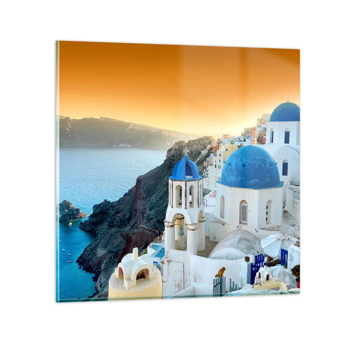 Glastavla - Bild på glas - Santorini - inbäddat i berg - 40x40 cm