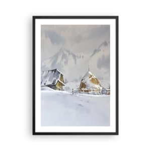Affisch i svart ram - Vinterlandskap med en stuga och en höstack i bergen - 50x70cm - I snödalen - Modern väggdekoration för vardagsrum och sovrum ARTTOR