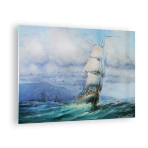 Glastavla - Bild på glas - Ett skepp med segel som seglar på ett stormigt hav under en molnig himmel - 70x50cm - Goda vindar - Modern väggdekoration för vardagsrum och sovrum ARTTOR