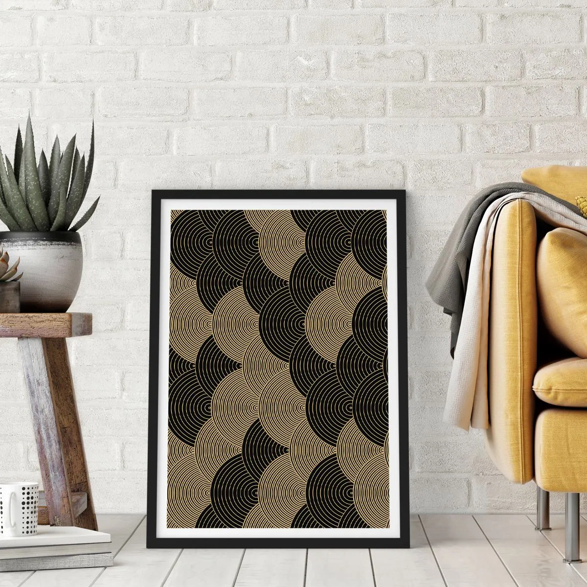 Affisch i svart ram - Abstrakt mönster i svarta och guld cirklar - 50x70cm - Enighet i mångfald - Modern väggdekoration för vardagsrum och sovrum ARTTOR
