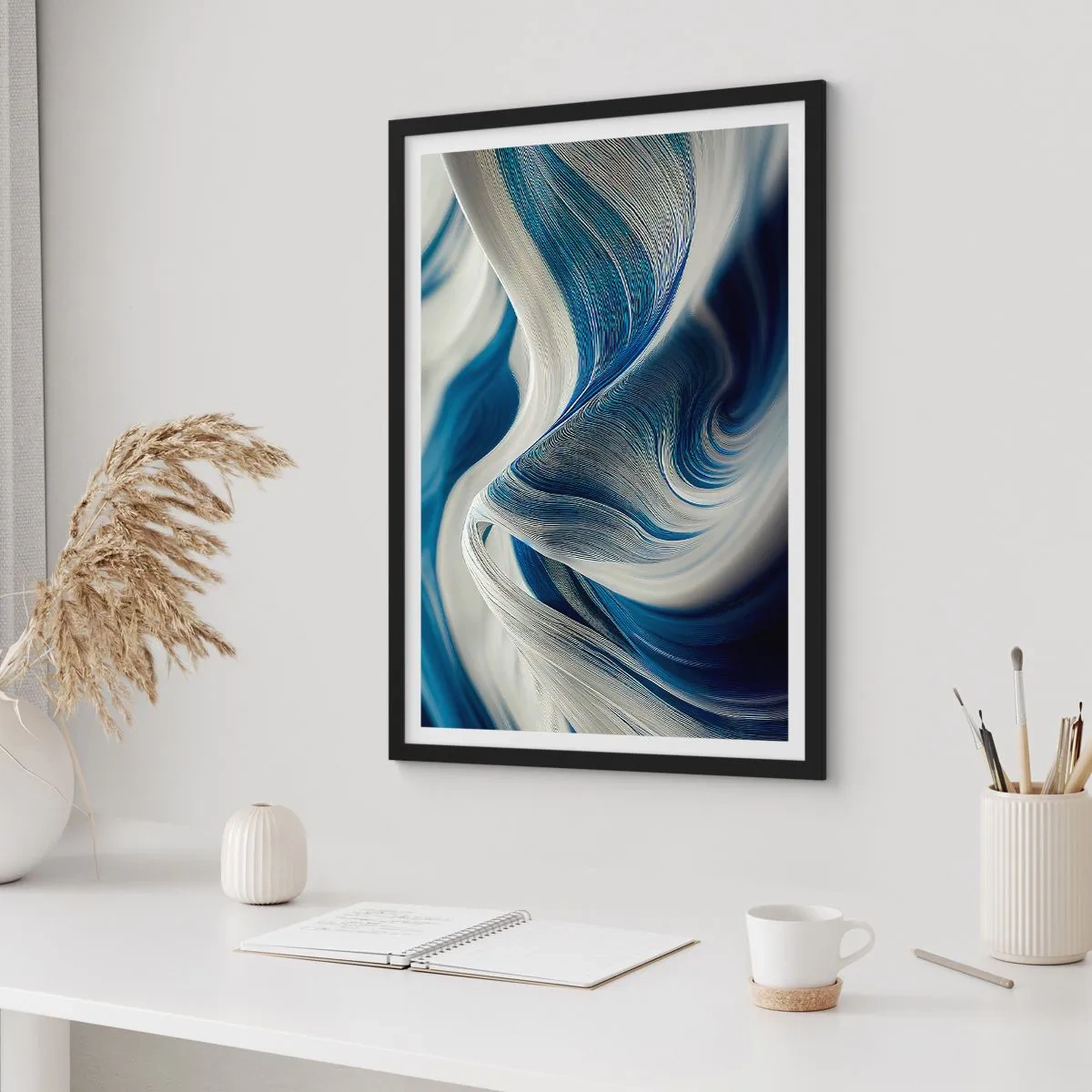 Affisch i svart ram - Abstrakta vågor i nyanser av marinblått och vitt - 50x70cm - Flöde av blått och vitt - Modern väggdekoration för vardagsrum och sovrum ARTTOR