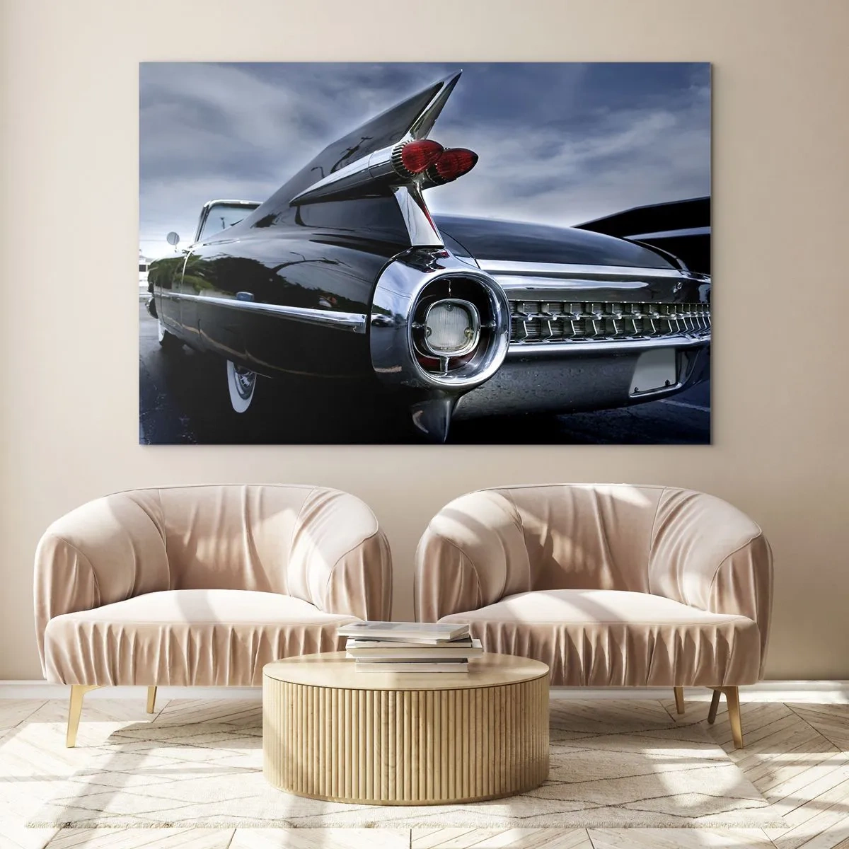 Glastavla - Bild på glas - Snygga baklyktor för klassiska bilar i blank svart lack - 70x50cm - Just därför är den vacker! - Modern väggdekoration för vardagsrum och sovrum ARTTOR